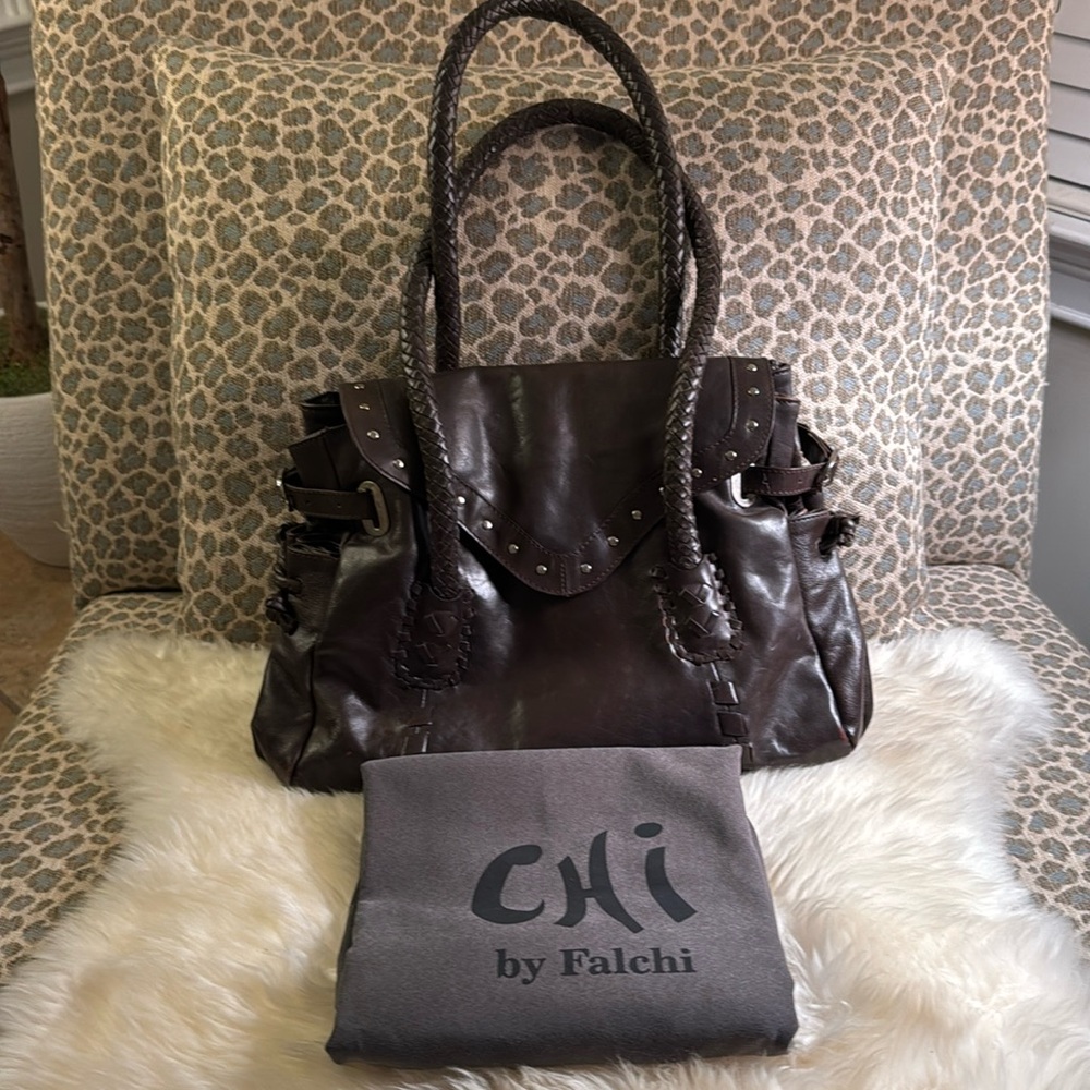 Vintage CHI by Carlos Falchi Brown Leather Studded Braided Handle Satchel